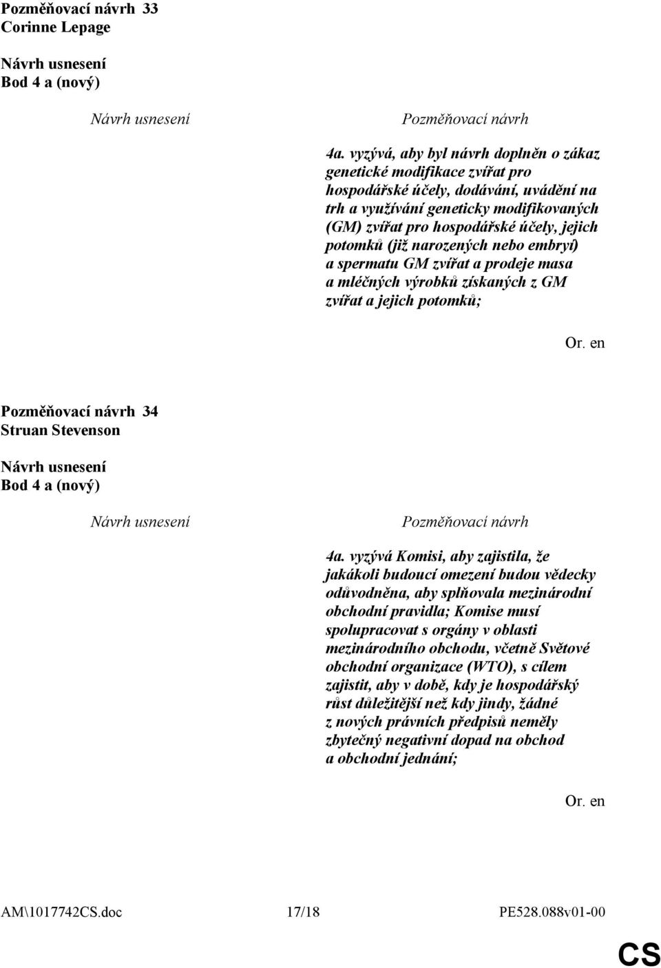 potomků (již narozených nebo embryí) a spermatu GM zvířat a prodeje masa a mléčných výrobků získaných z GM zvířat a jejich potomků; 34 Struan Stevenson Bod 4 a (nový) 4a.