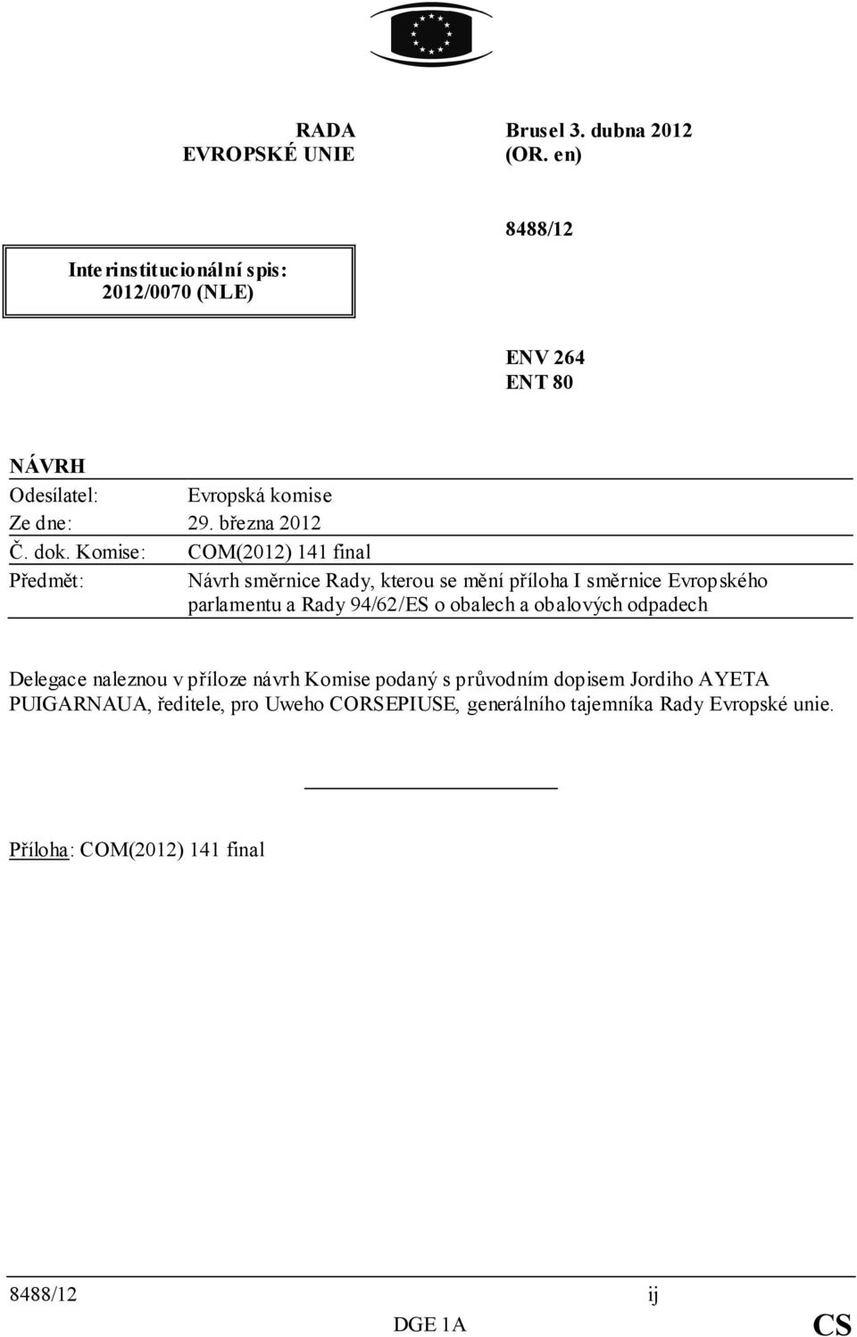 Komise: COM(2012) 141 final Předmět: Návrh směrnice Rady, kterou se mění příloha I směrnice Evropského parlamentu a Rady 94/62/ES o obalech