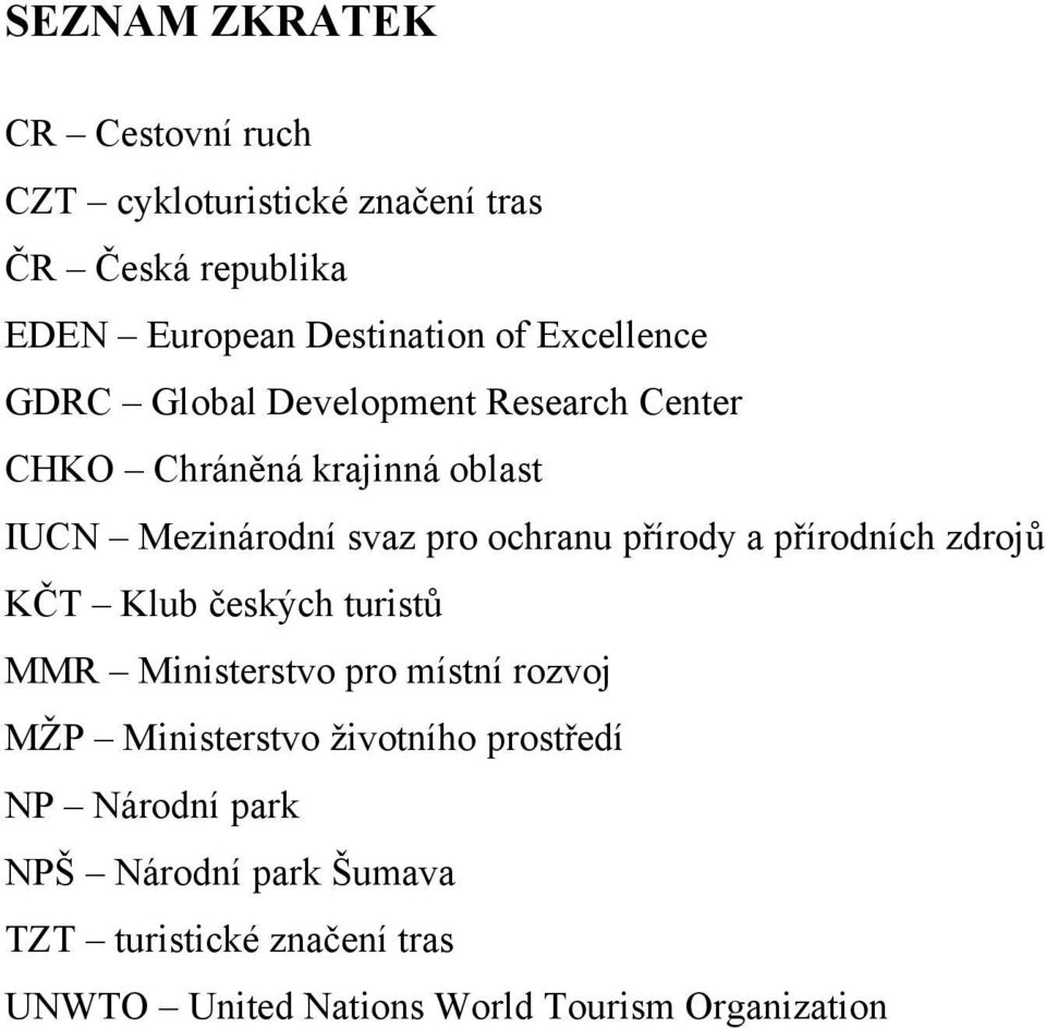 přírody a přírodních zdrojů KČT Klub českých turistů MMR Ministerstvo pro místní rozvoj MŢP Ministerstvo ţivotního