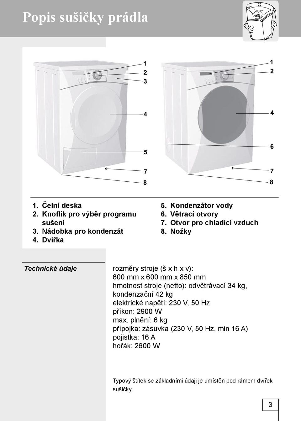 Nožky Technické údaje rozměry stroje (š x h x v): 600 mm x 600 mm x 850 mm hmotnost stroje (netto): odvětrávací 34 kg, kondenzační