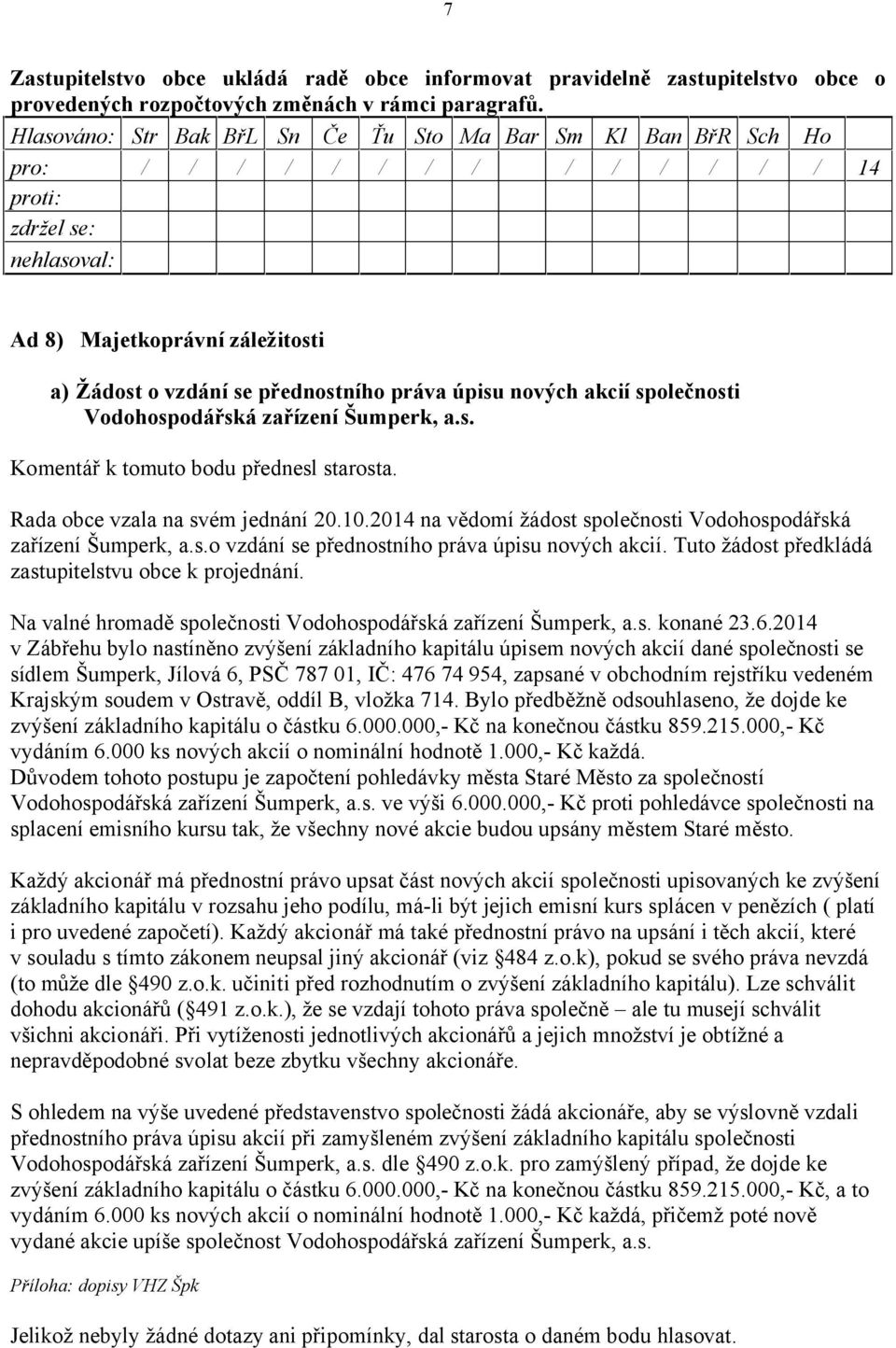 Rada obce vzala na svém jednání 20.10.2014 na vědomí žádost společnosti Vodohospodářská zařízení Šumperk, a.s.o vzdání se přednostního práva úpisu nových akcií.