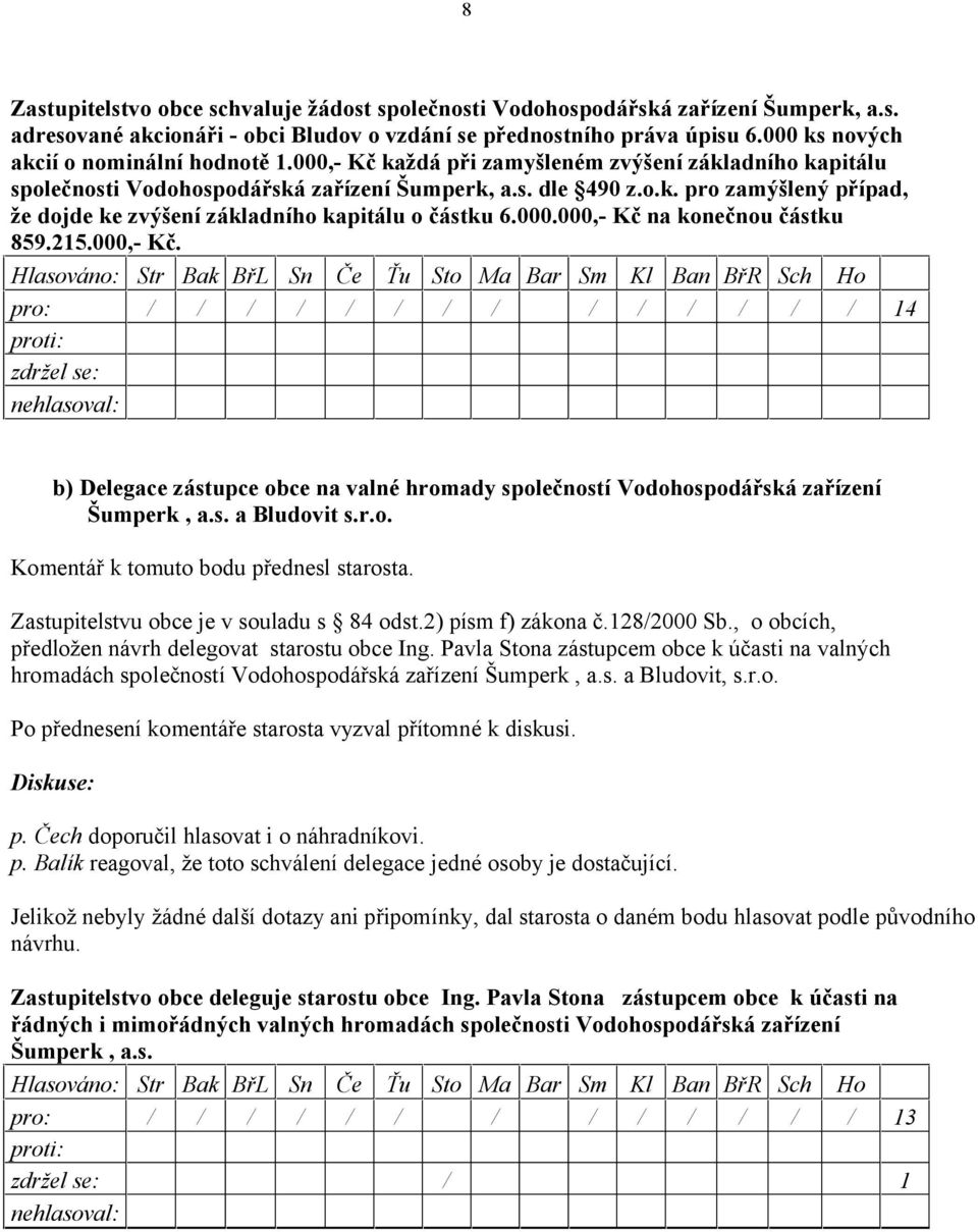 000.000,- Kč na konečnou částku 859.215.000,- Kč. b) Delegace zástupce obce na valné hromady společností Vodohospodářská zařízení Šumperk, a.s. a Bludovit s.r.o. Komentář k tomuto bodu přednesl starosta.