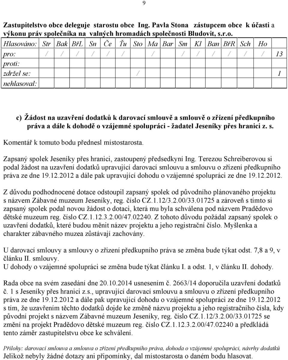 s. Komentář k tomuto bodu přednesl místostarosta. Zapsaný spolek Jeseníky přes hranici, zastoupený předsedkyní Ing.