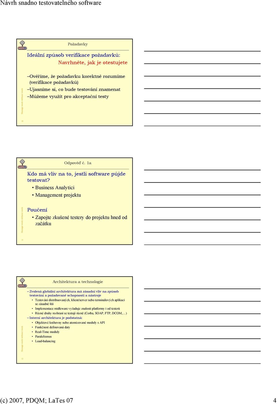 Business Analytici Management projektu Poučení Zapojte zkušené testery do projektu hned od začátku 11 Architektura a technologie Zvolená globální architektura má zásadní vliv na způsob testování a