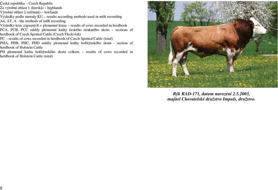 Spotted Cattle (Czech Fleckvieh) PC results of cows recorded in herdbook of Czech Spotted Cattle (total) PHA, PHB, PHC, PHD oddíly plemenné knihy holštýnského skotu - section of herdbook of