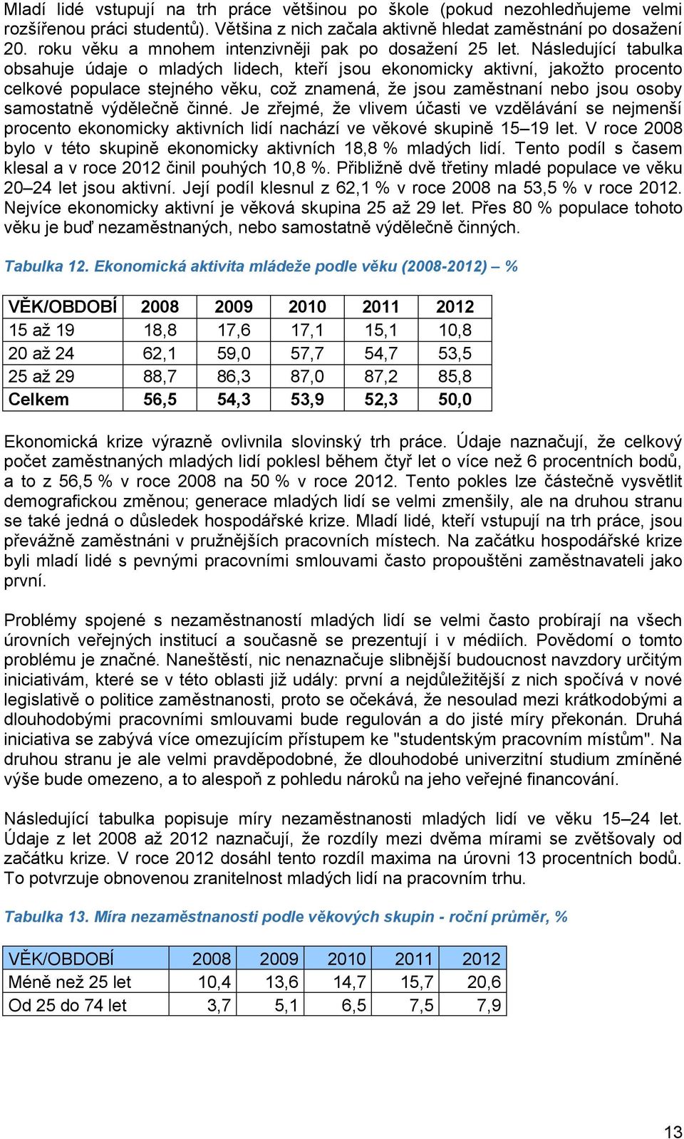 Následující tabulka obsahuje údaje o mladých lidech, kteří jsou ekonomicky aktivní, jakožto procento celkové populace stejného věku, což znamená, že jsou zaměstnaní nebo jsou osoby samostatně