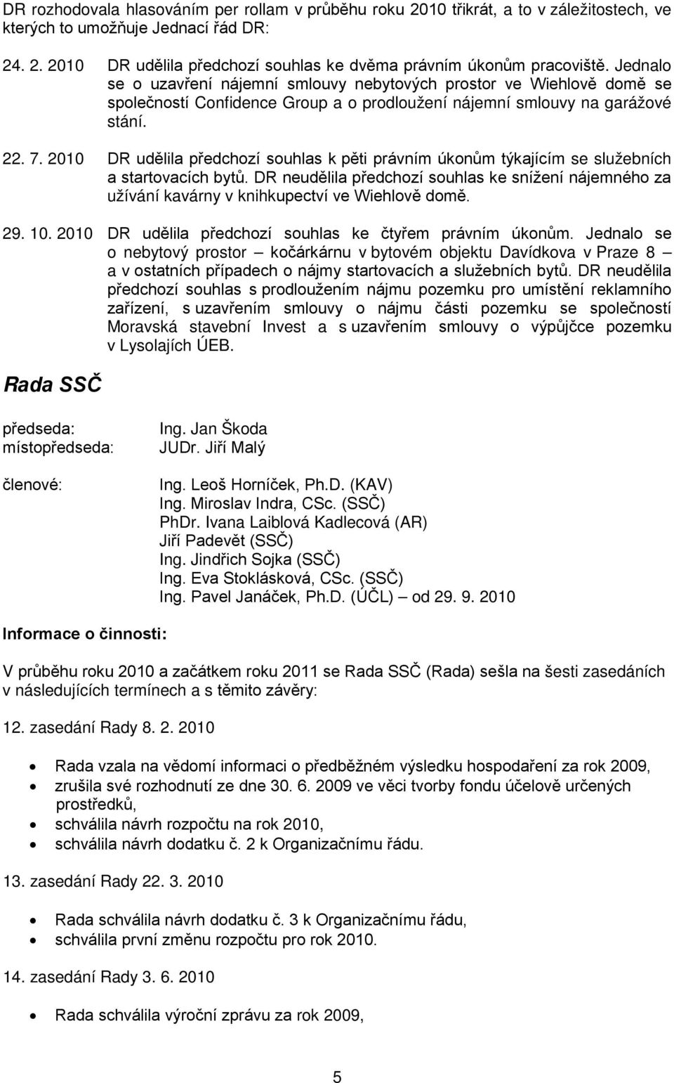 2010 DR udělila předchozí souhlas k pěti právním úkonům týkajícím se služebních a startovacích bytů.