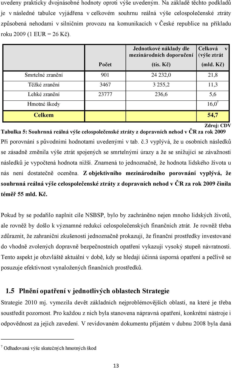 roku 2009 (1 EUR = 26 Kč). Počet Jednotkové náklady dle mezinárodních doporučení (tis. Kč) Celková v (výše ztrát (mld.