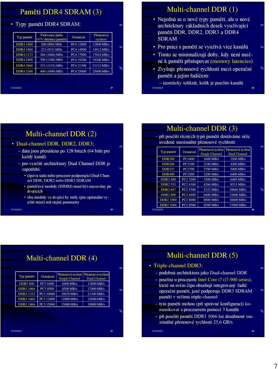 MB/s 27/10/2015 37 Multi-channel DDR (1) Nejedná se o nové typy pamětí, ale o nové architektury základních desek využívající paměti DDR, DDR2, DDR3 a DDR4 SDRAM Pro práci s pamětí se využívá více