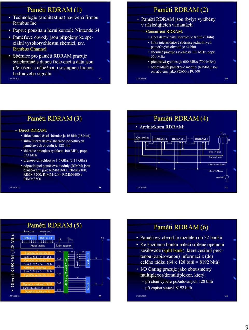 Rambus Channel Sběrnice pro paměti RDRAM pracuje synchronně s danou frekvencí a data jsou přenášena s náběžnou i sestupnou hranou hodinového signálu 27/10/2015 49 Paměti RDRAM (2) Paměti RDRAM jsou