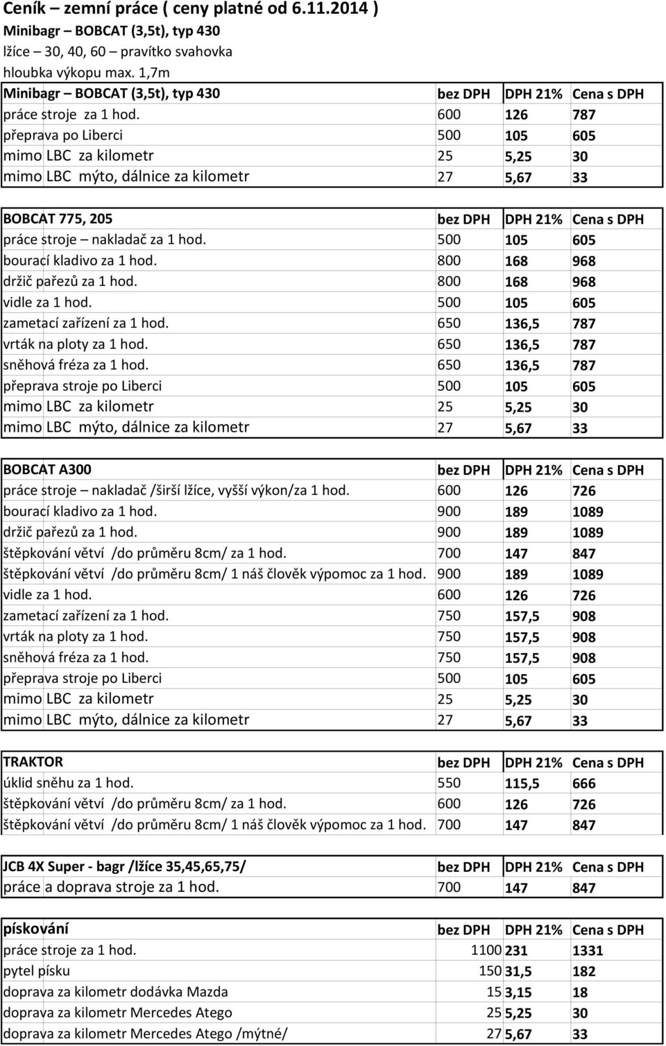 600 126 787 přeprava po Liberci 500 105 605 BOBCAT 775, 205 bez DPH DPH 21% Cena s DPH práce stroje nakladač za 1 hod. 500 105 605 bourací kladivo za 1 hod. 800 168 968 držič pařezů za 1 hod.