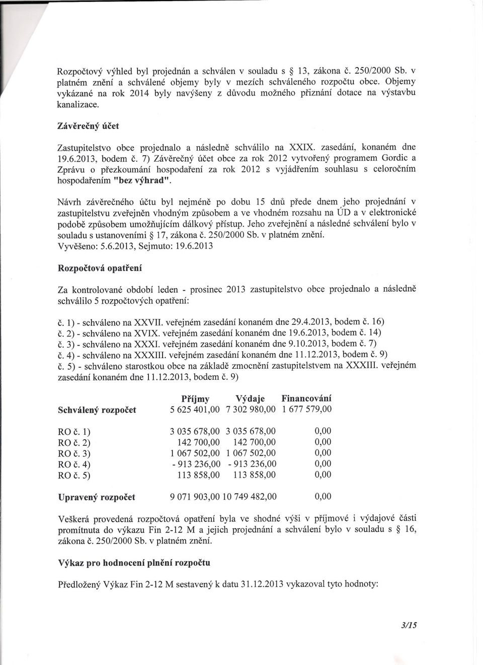 6.2013, bodem c. 7) Záverecný úcet obce za rok 2012 vytvorený programem Gordic a Zprávu o prezkoumání hospodarení za rok 2012 s vyjádrením souhlasu s celorocním hospodarením "bez výhrad".