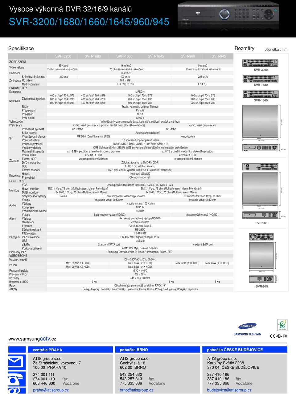 Maximální kapacita Vnitřní HDD Externí HDD Záznam DVD mechanika USB Formát souborů Hesla Bezpečnost Pravost dat ROZHRANÍ Monitory Audio Alarm Připojení Protokoly PTZ VŠEOBECNÉ Napájecí napětí Příkon