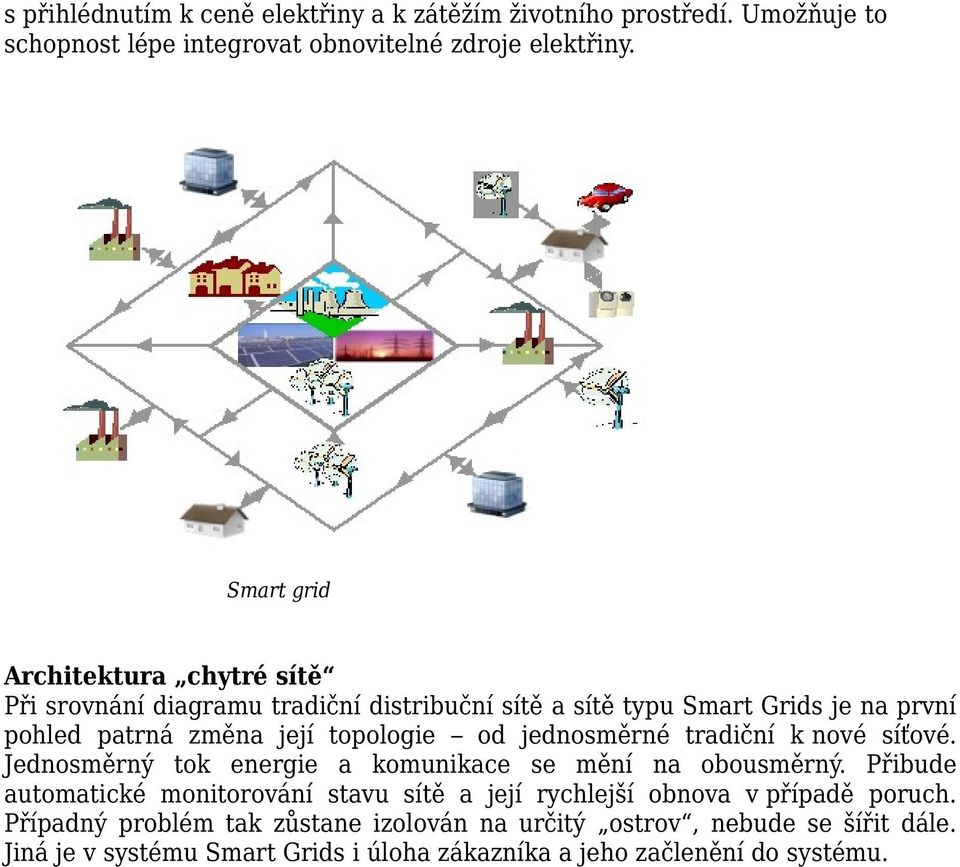 od jednosměrné tradiční k nové síťové. Jednosměrný tok energie a komunikace se mění na obousměrný.