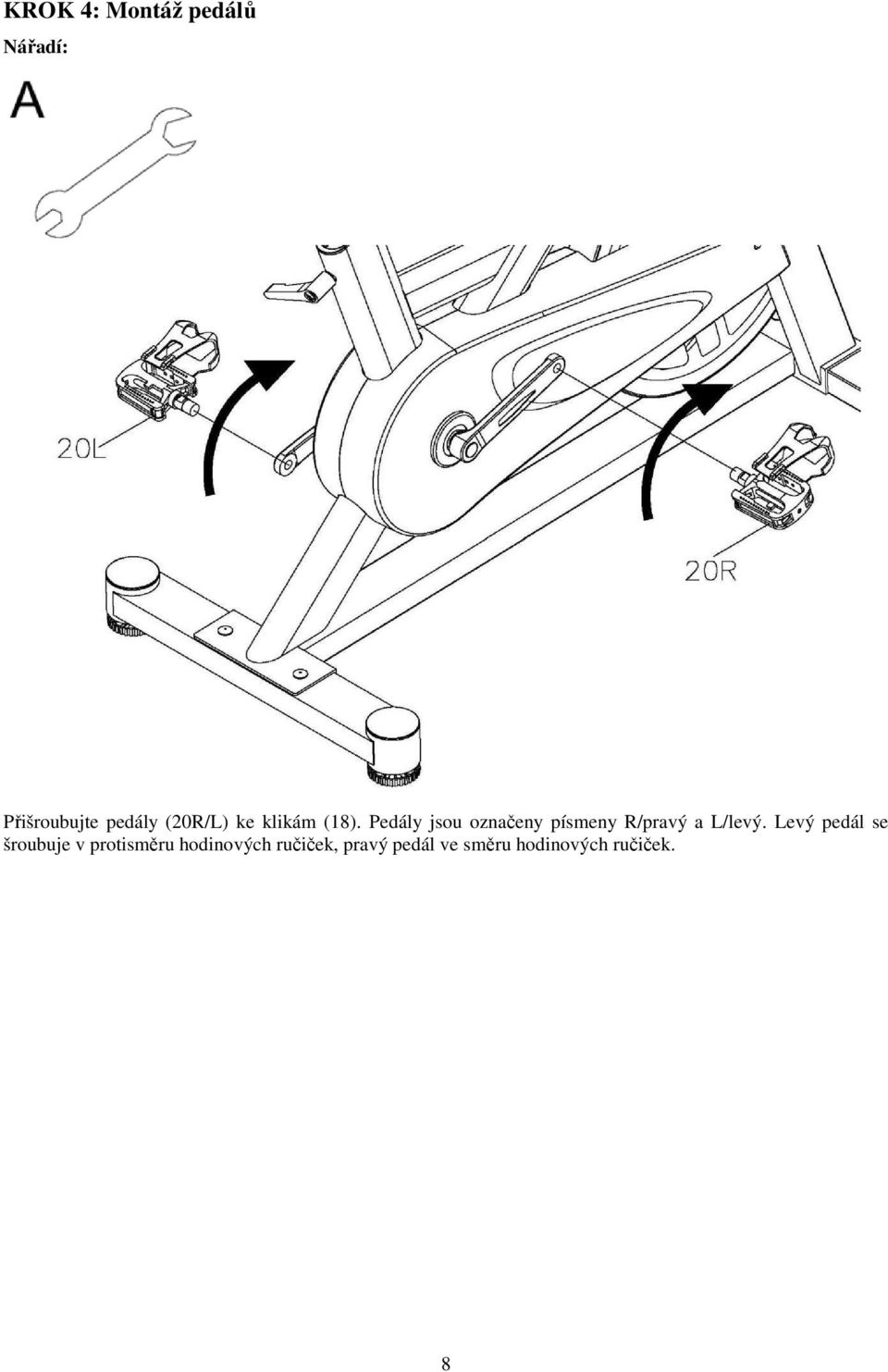 Pedály jsou označeny písmeny R/pravý a L/levý.