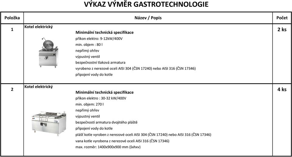 vody do kotle 2 Kotel elektrický 4 ks příkon elektro : 30-32 kw/400v min.