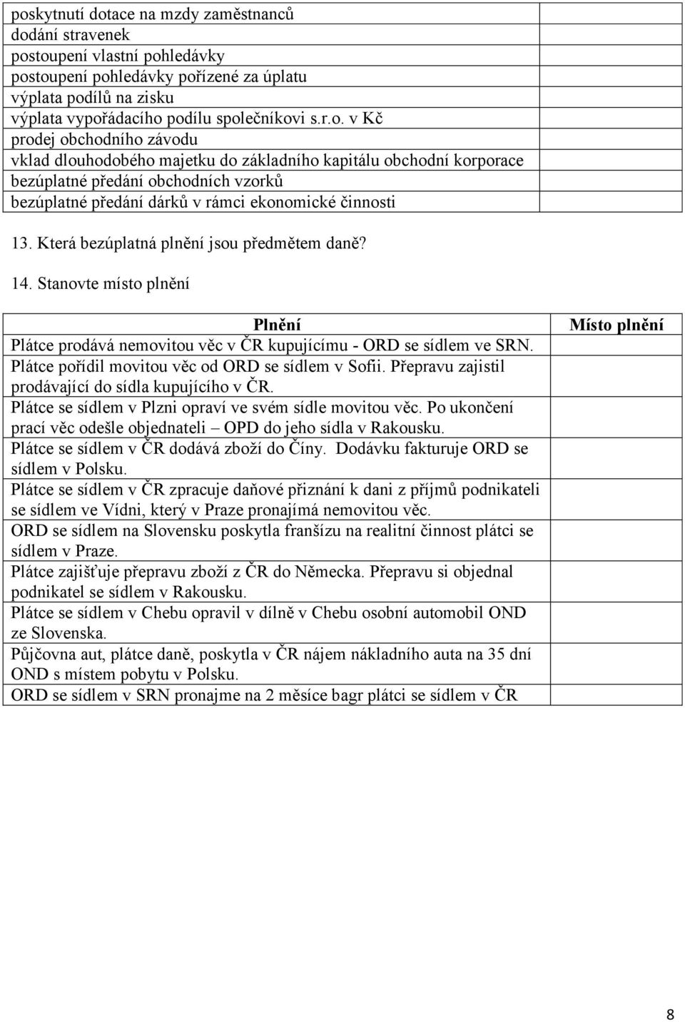 Přepravu zajistil prodávající do sídla kupujícího v ČR. Plátce se sídlem v Plzni opraví ve svém sídle movitou věc. Po ukončení prací věc odešle objednateli OPD do jeho sídla v Rakousku.