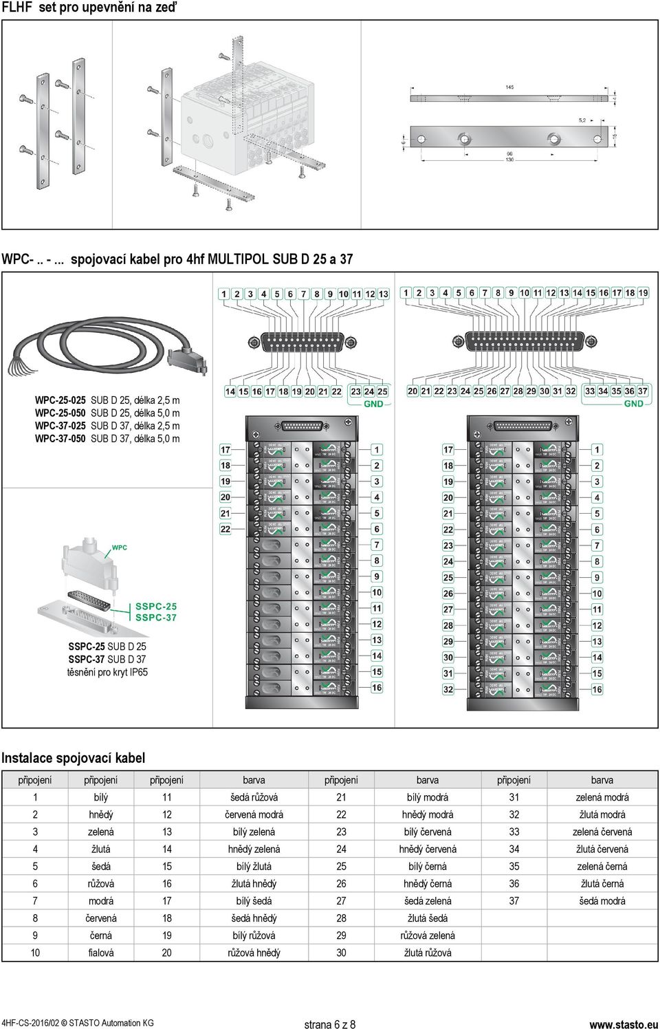 SUB D 37 těsnění pro kryt IP65 Instalace spojovací kabel barva barva barva 1 bílý 11 šedá růžová 21 bílý modrá 31 zelená modrá 2 hnědý 12 červená modrá 22 hnědý modrá 32 žlutá modrá 3 zelená 13 bílý