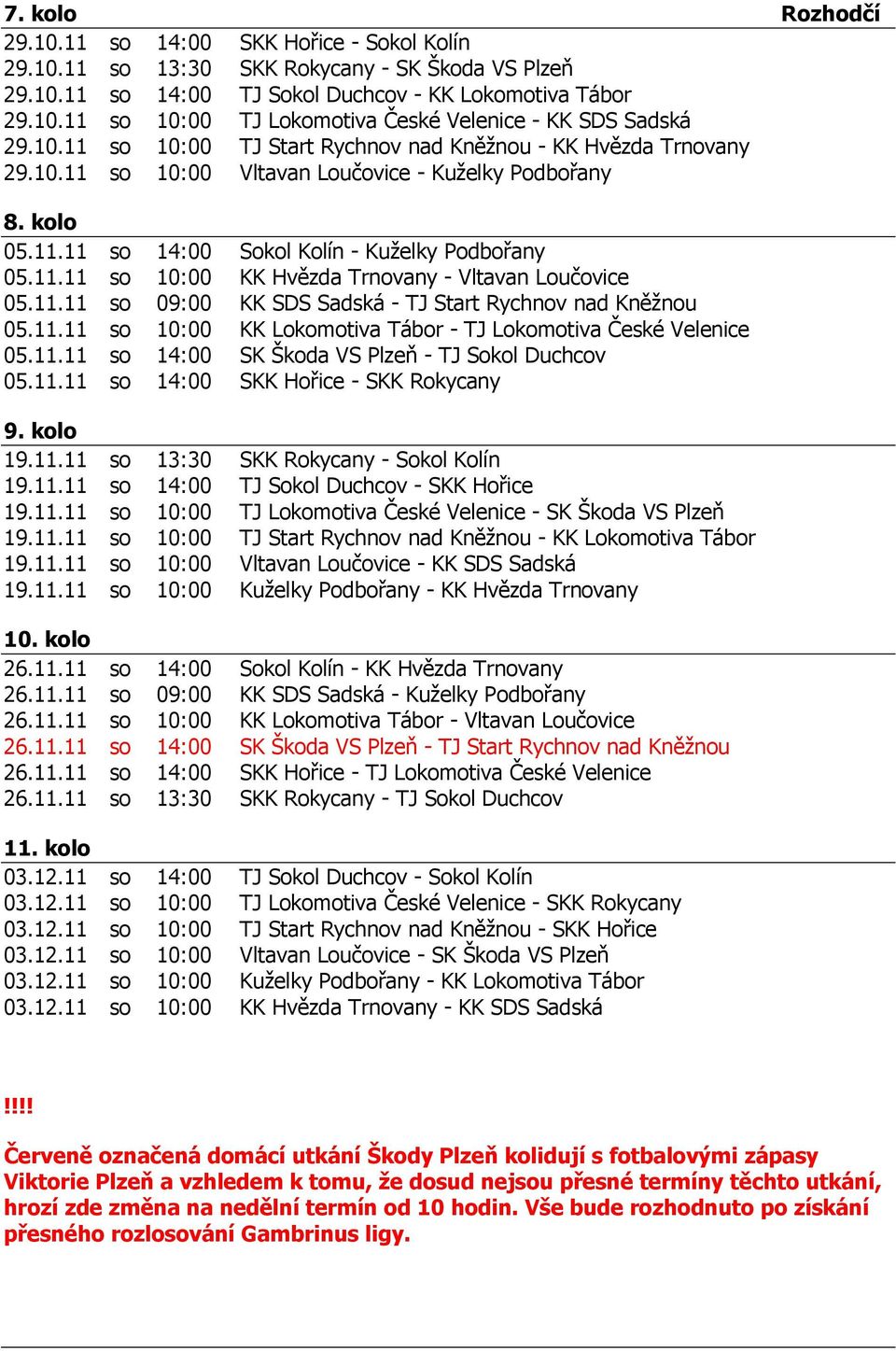 11.11 so 09:00 KK SDS Sadská - TJ Start Rychnov nad Kněžnou 05.11.11 so 10:00 KK Lokomotiva Tábor - TJ Lokomotiva České Velenice 05.11.11 so 14:00 SK Škoda VS Plzeň - TJ Sokol Duchcov 05.11.11 so 14:00 SKK Hořice - SKK Rokycany 9.