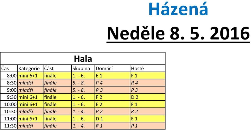 - 6. F 2 D 2 10:00 mini 6+1 finále 1. - 6. E 2 F 1 10:30 mladší finále 1. - 4.