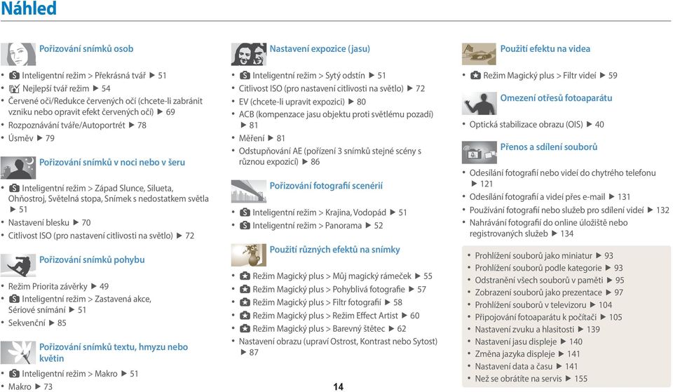 Snímek s nedostatkem světla 51 Nastavení blesku 70 Citlivost ISO (pro nastavení citlivosti na světlo) 72 Pořizování snímků pohybu Režim Priorita závěrky 49 s Inteligentní režim > Zastavená akce,