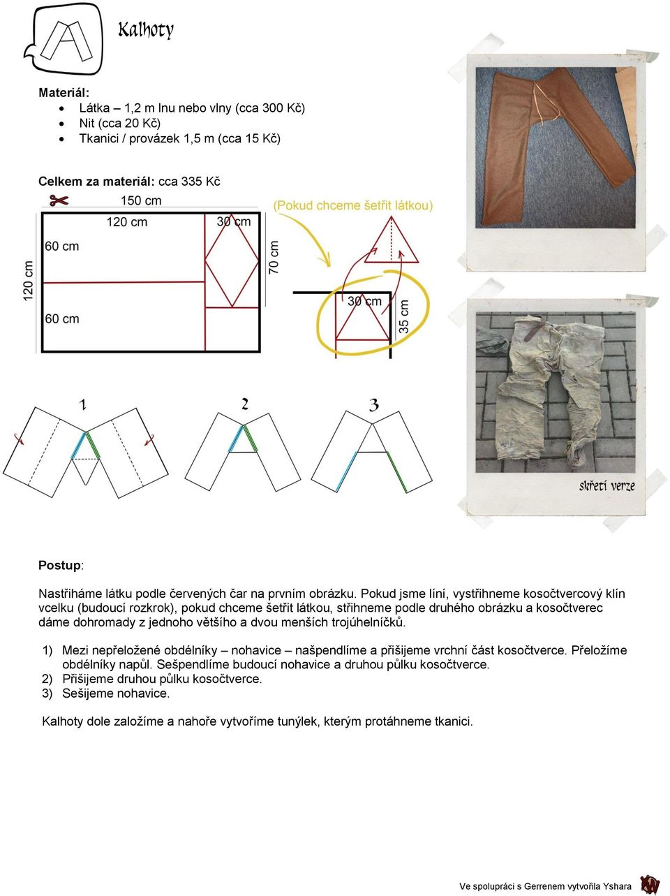 Pokud jsme líní, vystřihneme kosočtvercový klín vcelku (budoucí rozkrok), pokud chceme šetřit látkou, střihneme podle druhého obrázku a kosočtverec dáme dohromady z jednoho většího