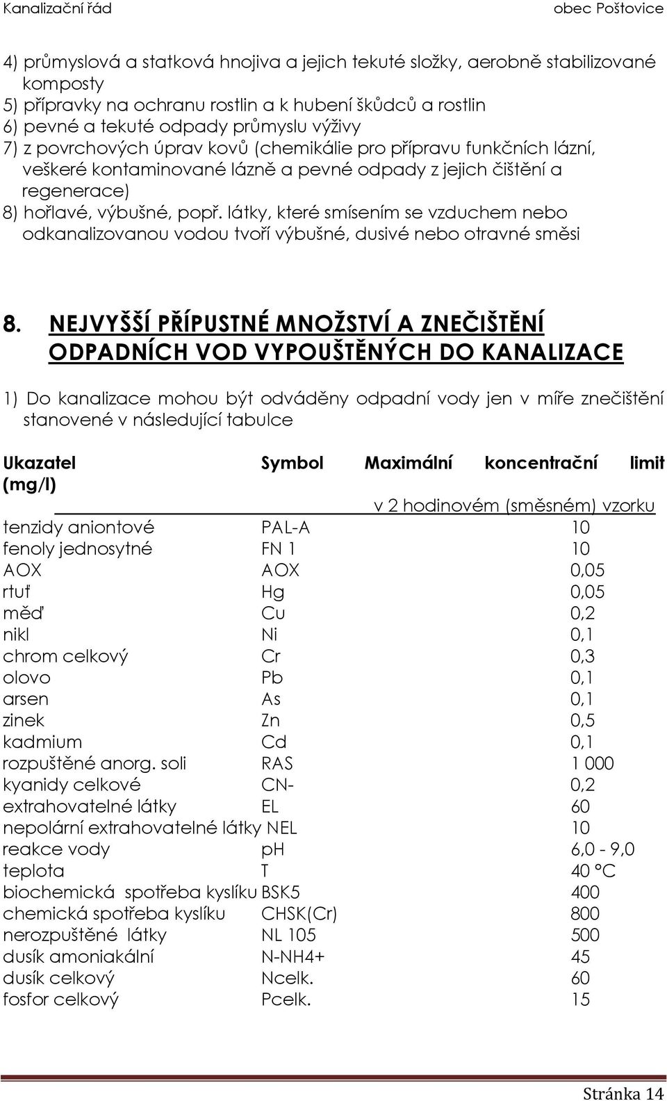 látky, které smísením se vzduchem nebo odkanalizovanou vodou tvoří výbušné, dusivé nebo otravné směsi 8.