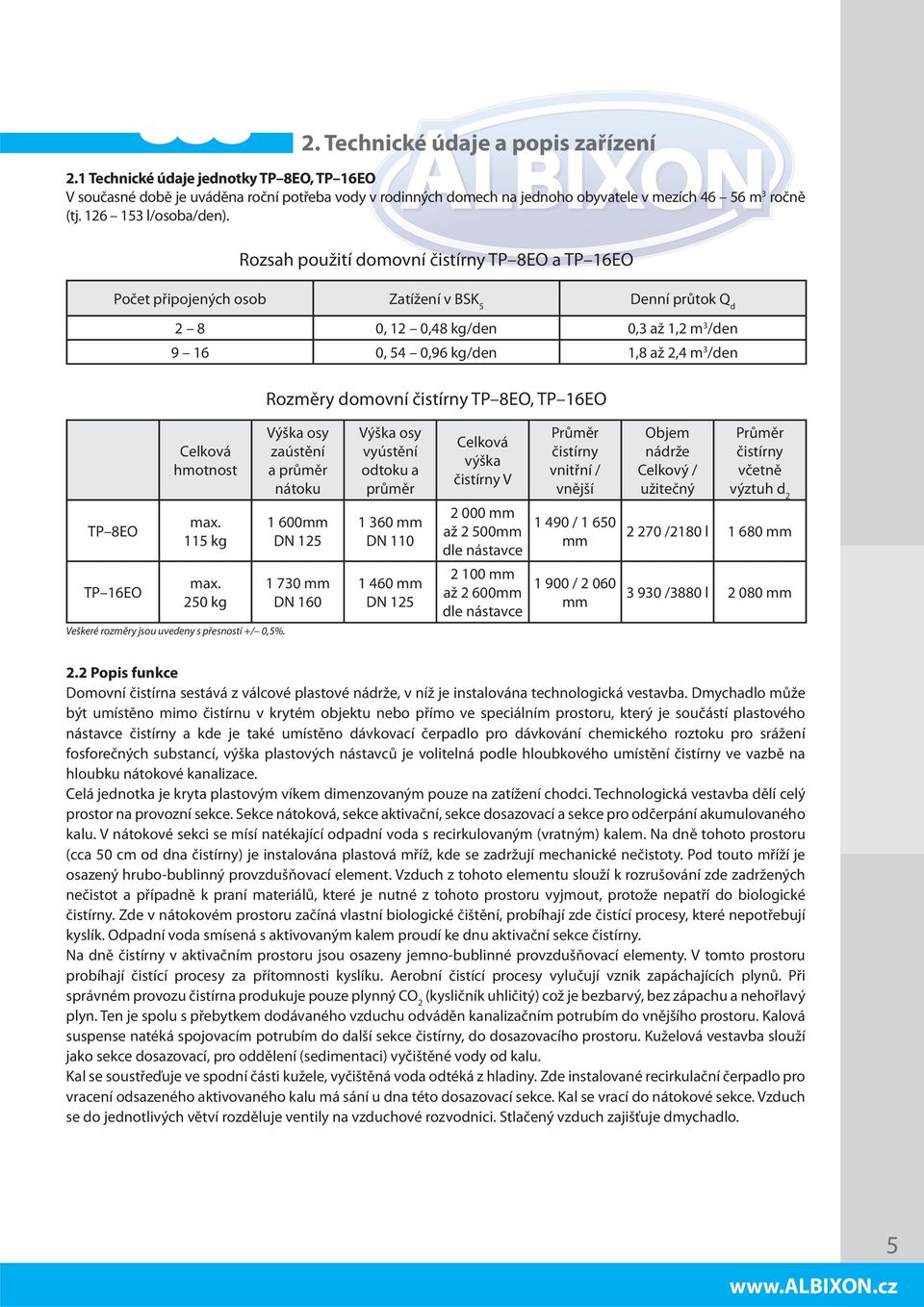 Rozsah použití domovní čistírny TP 8EO a TP 16EO Počet připojených osob Zatížení v BSK 5 Denní průtok Q d 2 8 0, 12 0,48 kg/den 0,3 až 1,2 m 3 /den 9 16 0, 54 0,96 kg/den 1,8 až 2,4 m 3 /den Rozměry