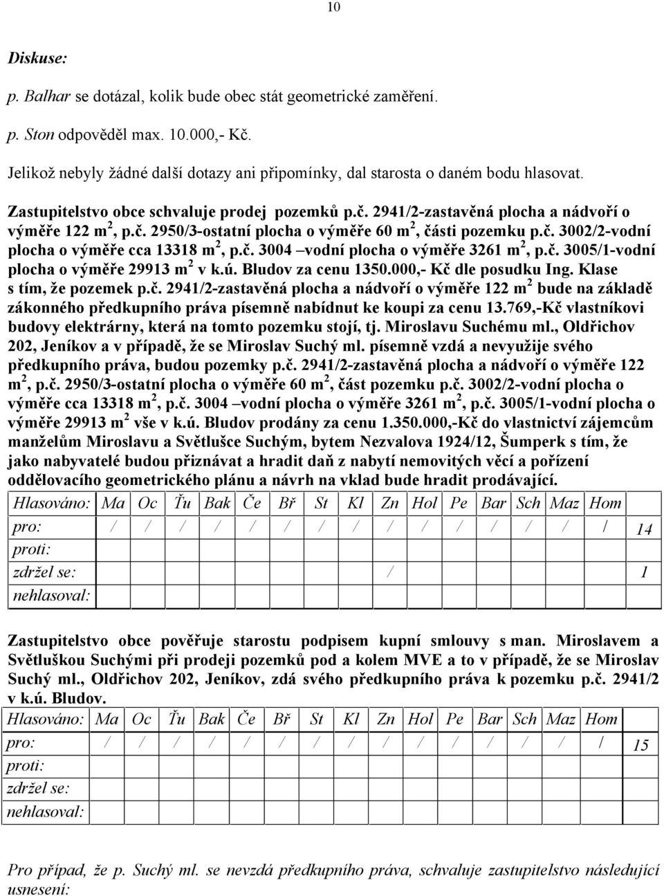 č. 3004 vodní plocha o výměře 3261 m 2, p.č. 3005/1-vodní plocha o výměře 29913 m 2 v k.ú. Bludov za cenu 1350.000,- Kč dle posudku Ing. Klase s tím, že pozemek p.č. 2941/2-zastavěná plocha a nádvoří o výměře 122 m 2 bude na základě zákonného předkupního práva písemně nabídnut ke koupi za cenu 13.