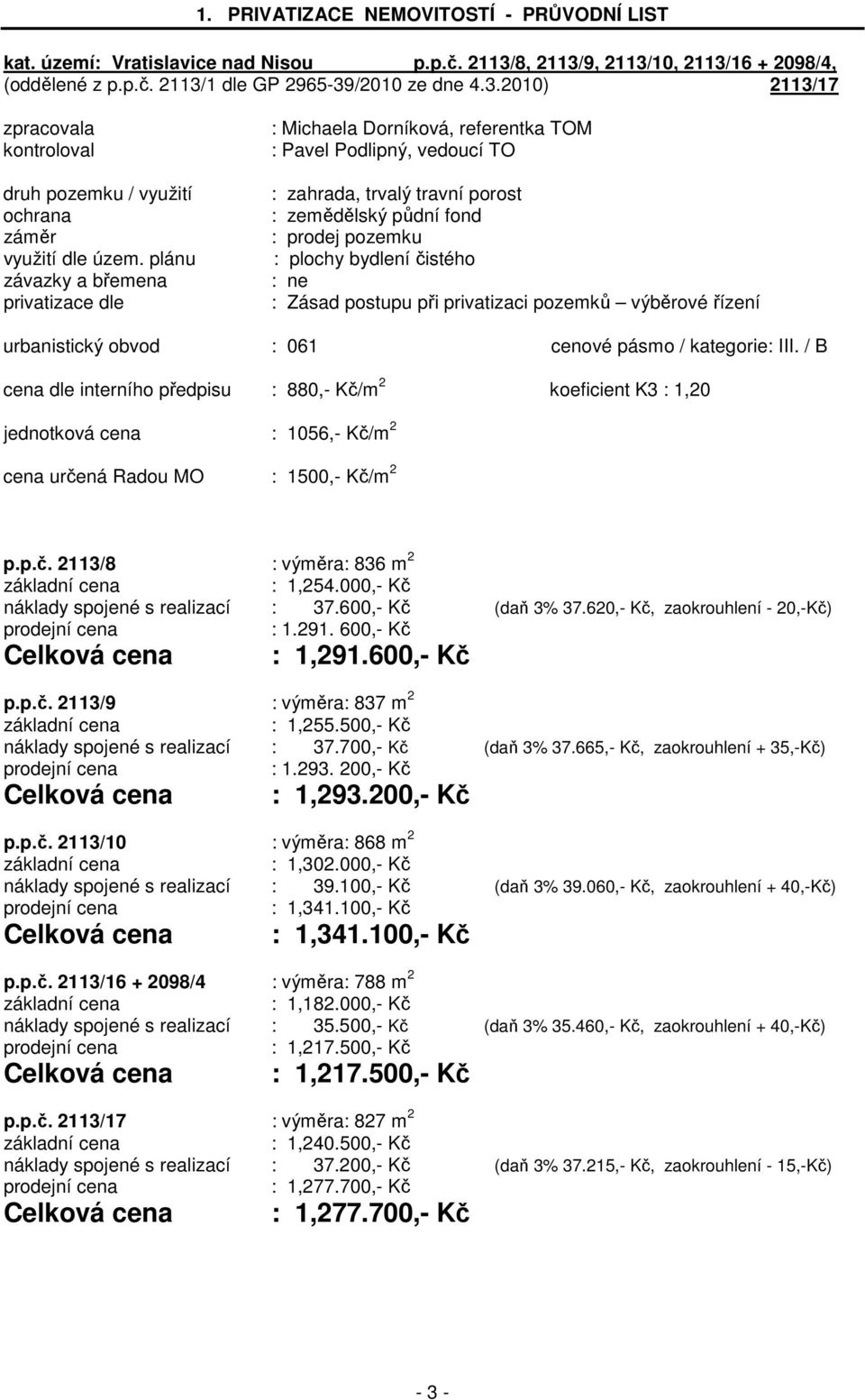 čistého : ne : Zásad postupu při privatizaci pozemků výběrové řízení urbanistický obvod : 061 cenové pásmo / kategorie: III.