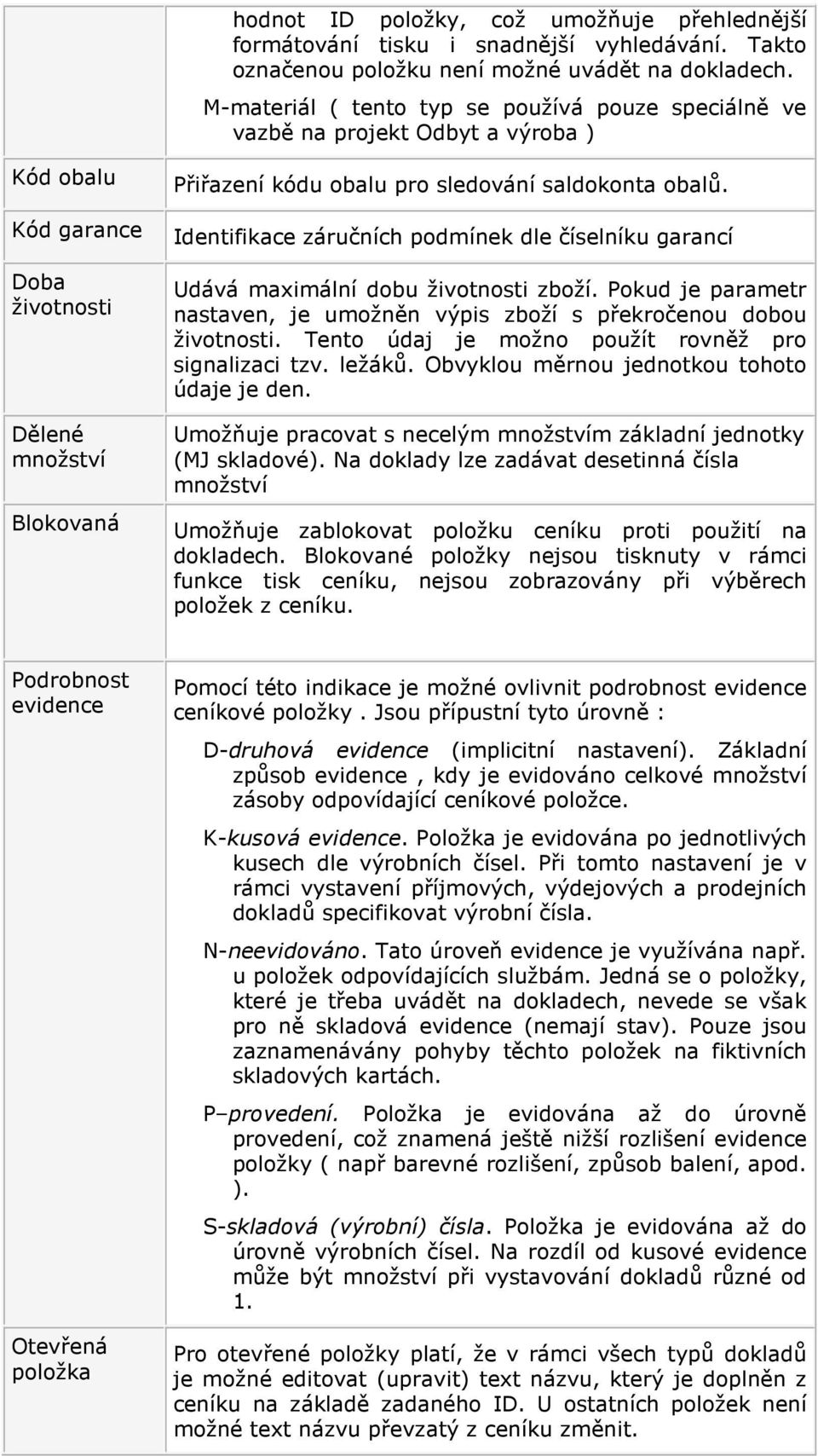 Kód garance Identifikace záručních podmínek dle číselníku garancí Doba životnosti Dělené množství Blokovaná Udává maximální dobu životnosti zboží.