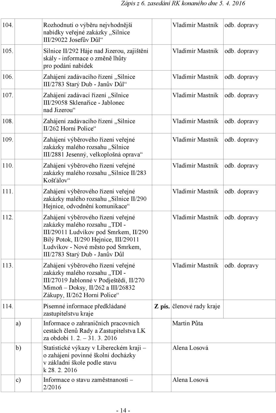 Zahájení zadávacího řízení Silnice II/262 Horní Police 109. Zahájení výběrového řízení veřejné zakázky malého rozsahu Silnice III/2881 Jesenný, velkoplošná oprava 110.