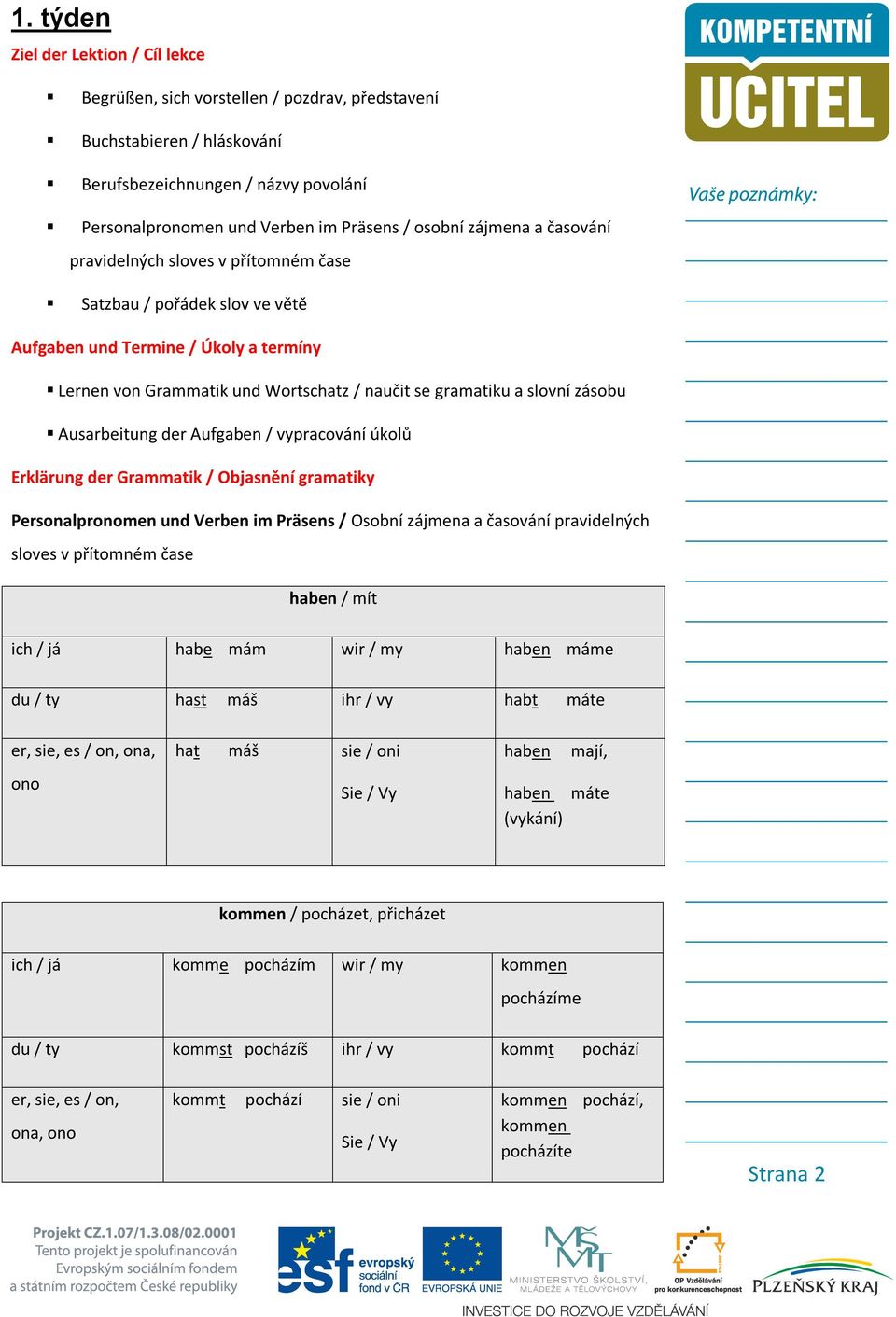 Ausarbeitung der Aufgaben / vypracování úkolů Erklärung der Grammatik / Objasnění gramatiky Personalpronomen und Verben im Präsens / Osobní zájmena a časování pravidelných sloves v přítomném čase