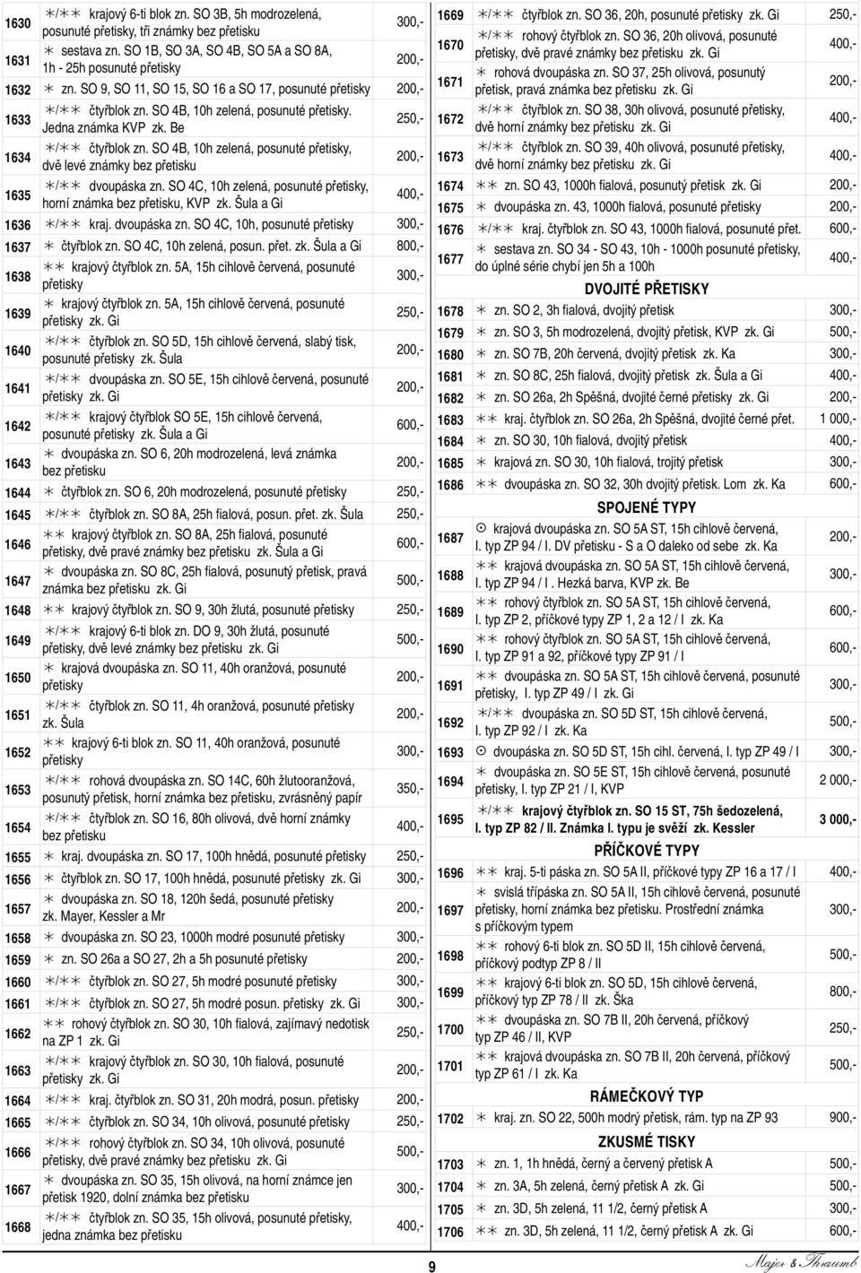 SO 4B, 10h zelená, posunuté přetisky, dvě levé známky bez přetisku 1635 / dvoupáska zn. SO 4C, 10h zelená, posunuté přetisky, horní známka bez přetisku, KVP zk. Šula a Gi 1636 / kraj. dvoupáska zn. SO 4C, 10h, posunuté přetisky 1637 čtyřblok zn.