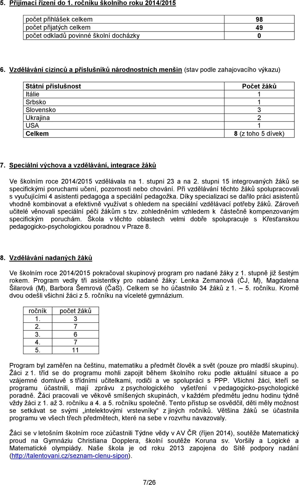 Speciální výchova a vzdělávání, integrace žáků Ve školním roce 2014/2015 vzdělávala na 1. stupni 23 a na 2. stupni 15 integrovaných žáků se specifickými poruchami učení, pozornosti nebo chování.