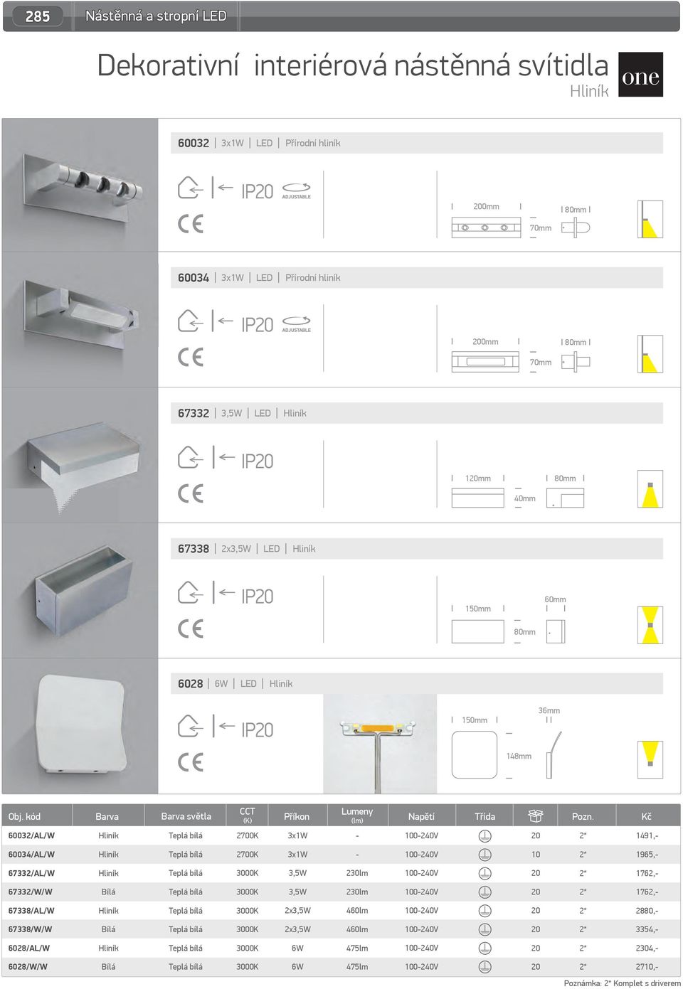 kód Barva Lumeny (lm) Napětí Třída 60032/AL/W 2700K 3x 1491, 60034/AL/W 2700K 3x 10 1965, 67332/AL/W 3,5W 230lm 1762, 67332/W/W 3,5W