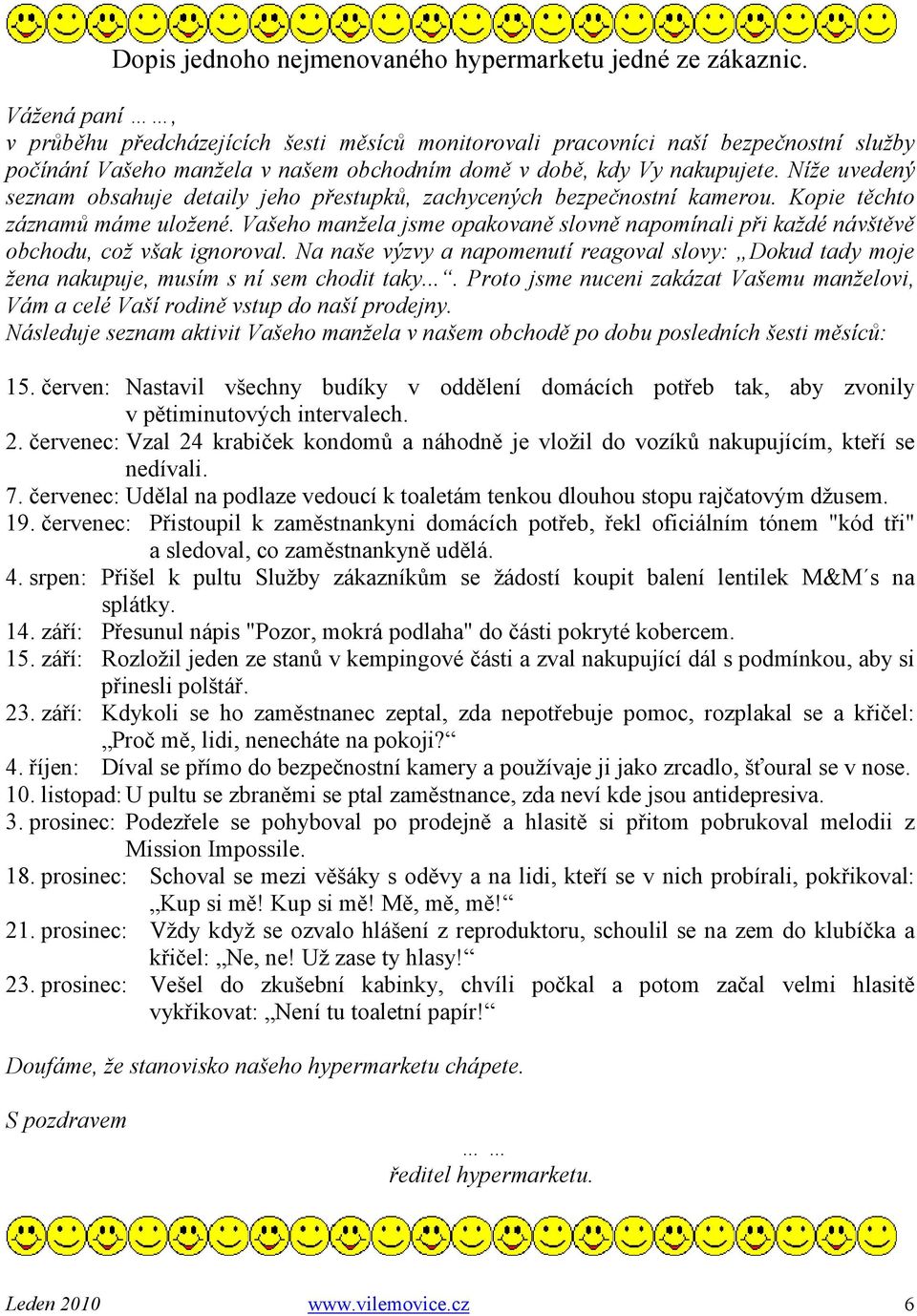 Níže uvedený seznam obsahuje detaily jeho přestupků, zachycených bezpečnostní kamerou. Kopie těchto záznamů máme uložené.