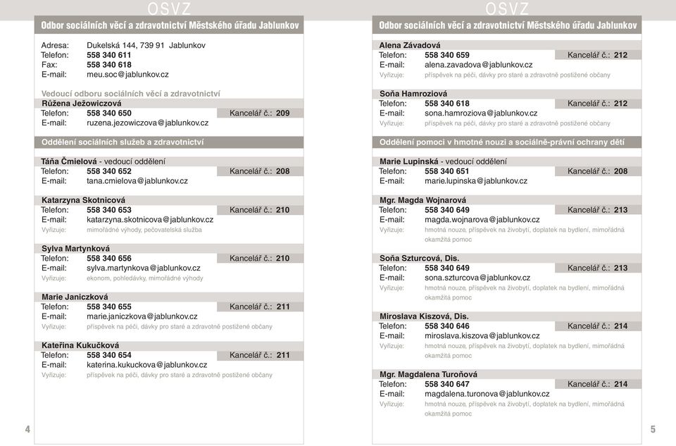 cz Oddělení sociálních služeb a zdravotnictví Táňa Čmielová - vedoucí oddělení Telefon: 558 340 652 Kancelář č.: 208 tana.cmielova@jablunkov.