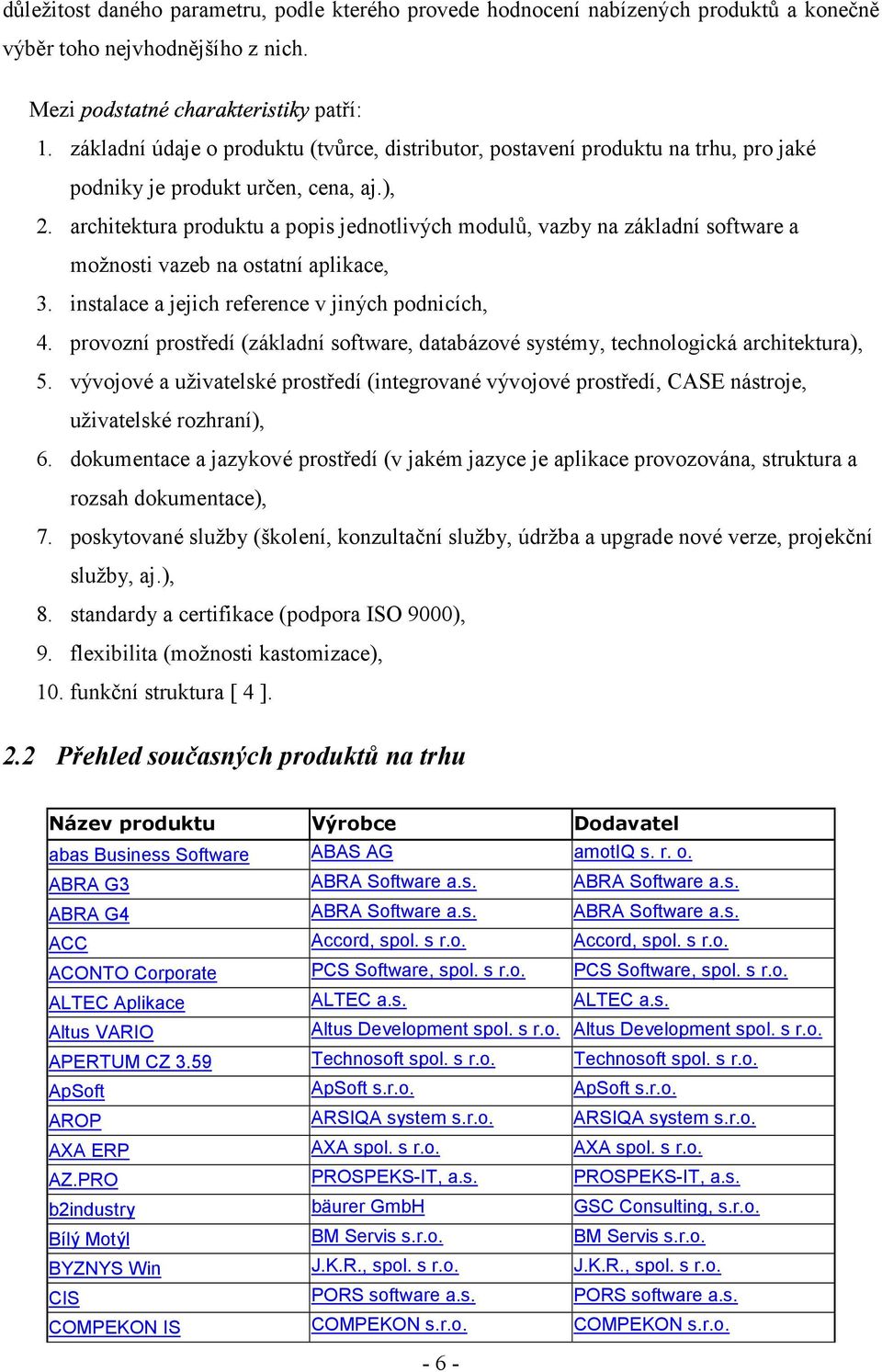 architektura produktu a popis jednotlivých modulů, vazby na základní software a možnosti vazeb na ostatní aplikace, 3. instalace a jejich reference v jiných podnicích, 4.