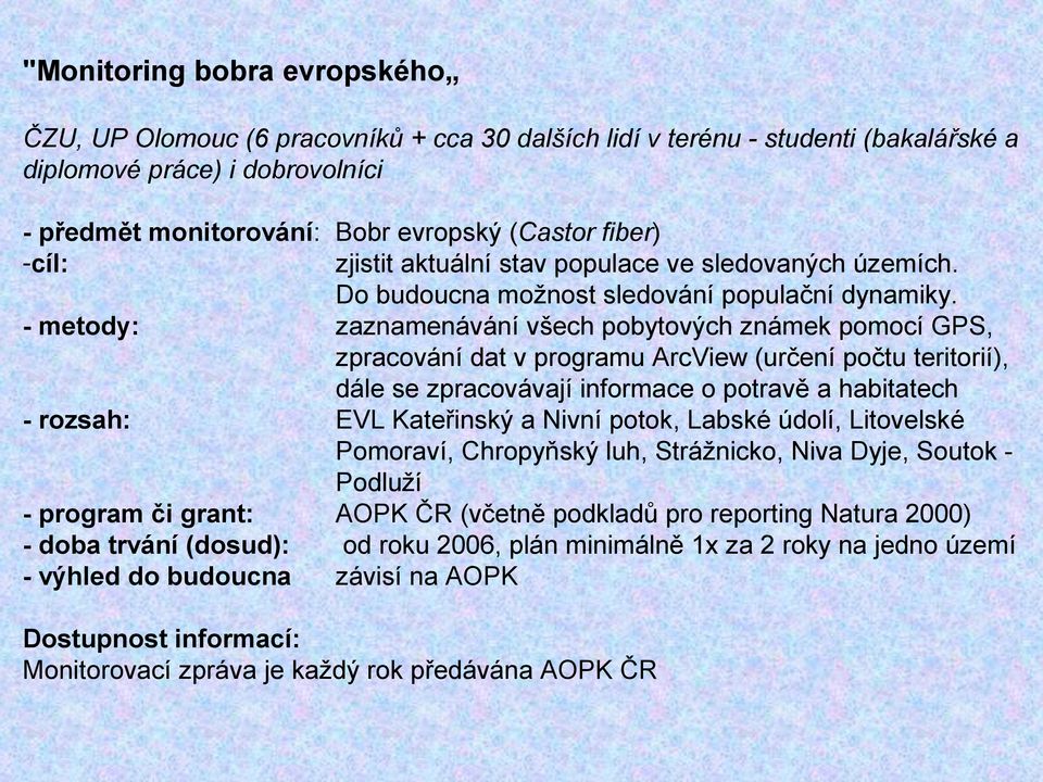 - metody: zaznamenávání všech pobytových známek pomocí GPS, zpracování dat v programu ArcView (určení počtu teritorií), dále se zpracovávají informace o potravě a habitatech - rozsah: EVL Kateřinský