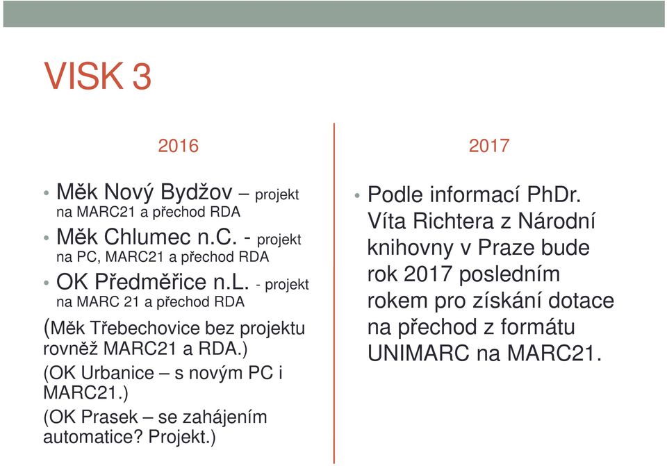 ) (OK Urbanice s novým PC i MARC21.) (OK Prasek se zahájením automatice? Projekt.) 2017 Podle informací PhDr.