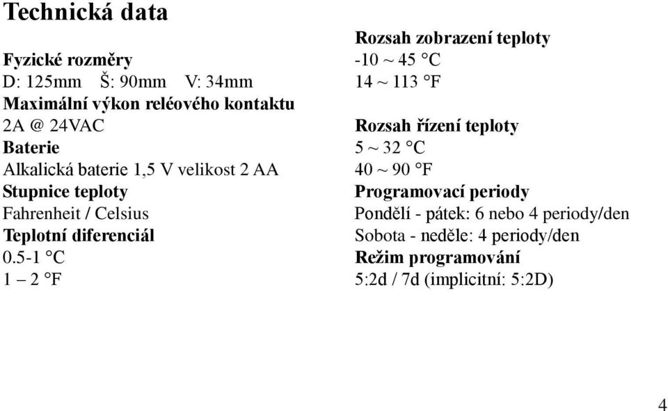 5-1 C 1 2 F Rozsah zobrazení teploty -10 ~ 45 C 14 ~ 113 F Rozsah řízení teploty 5 ~ 32 C 40 ~ 90 F