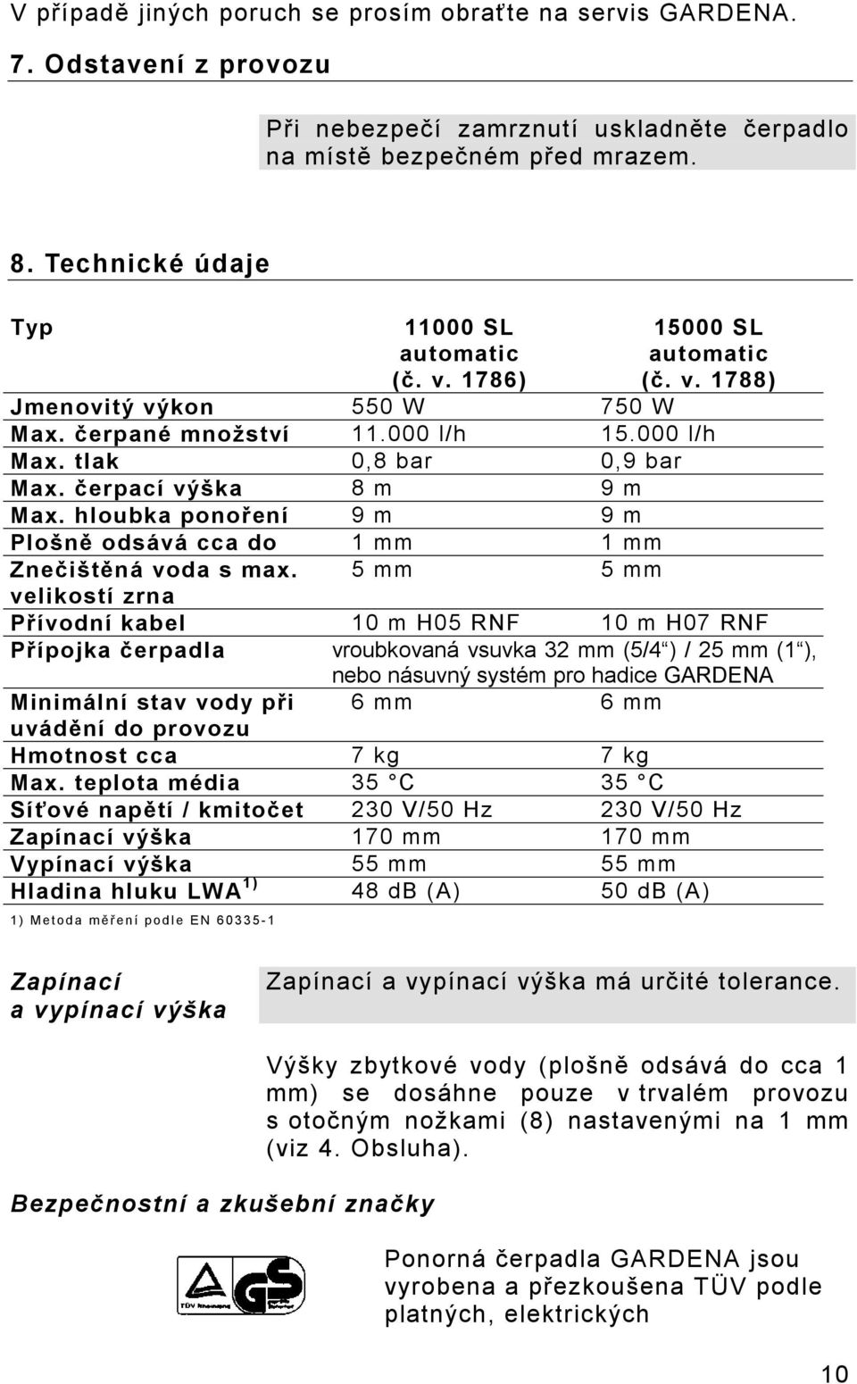 čerpací výška 8 m 9 m Max. hloubka ponoření 9 m 9 m Plošně odsává cca do 1 mm 1 mm Znečištěná voda s max.