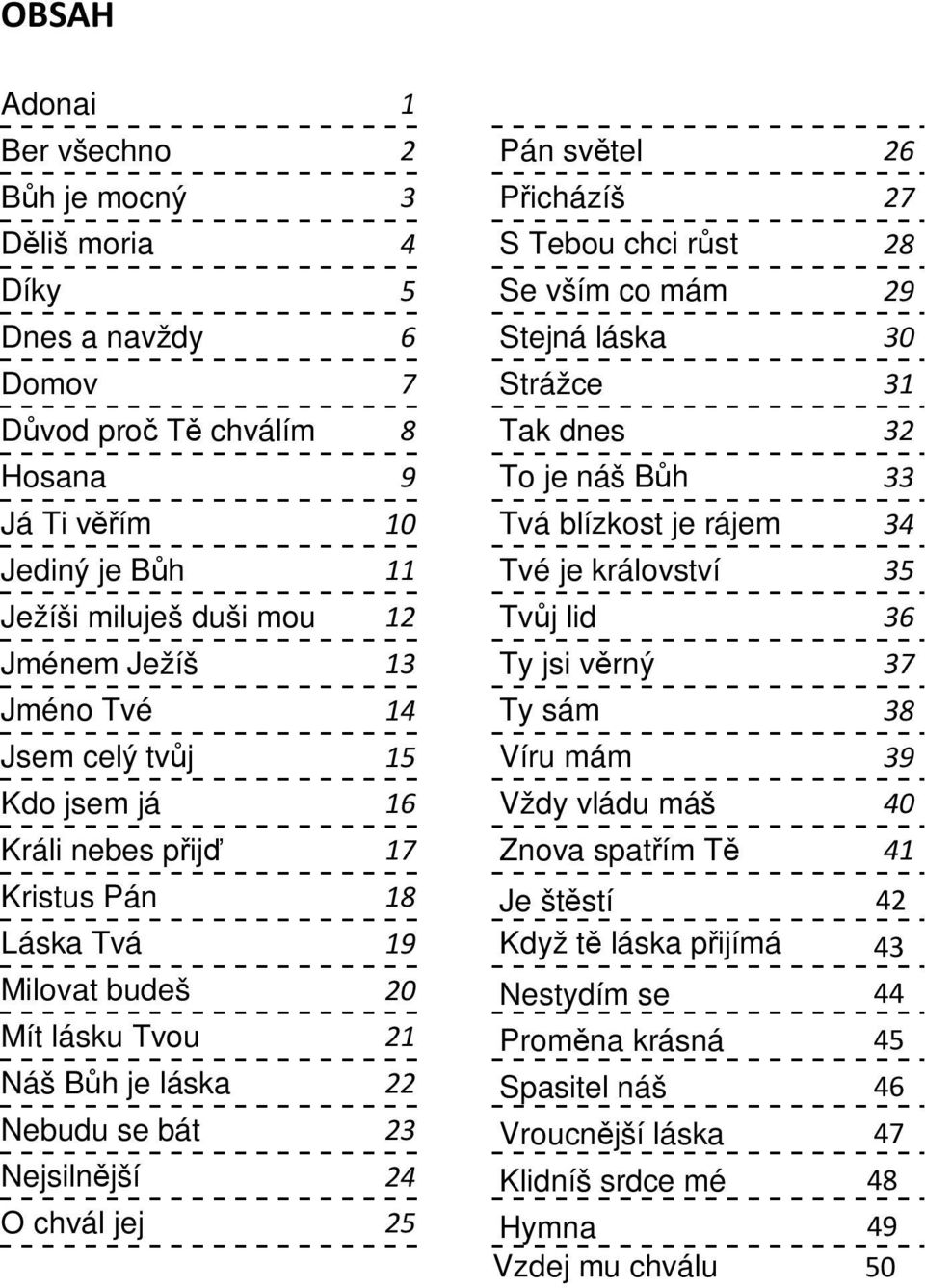 Jméno Tvé 14 Ty sám 38 Jsem celý tvůj 15 Víru mám 39 Kdo jsem já 16 Vždy vládu máš 40 Králi nebes přijď 17 Znova spatřím Tě 41 Kristus Pán 18 Je štěstí 42 Láska Tvá 19 Když tě láska přijímá 43