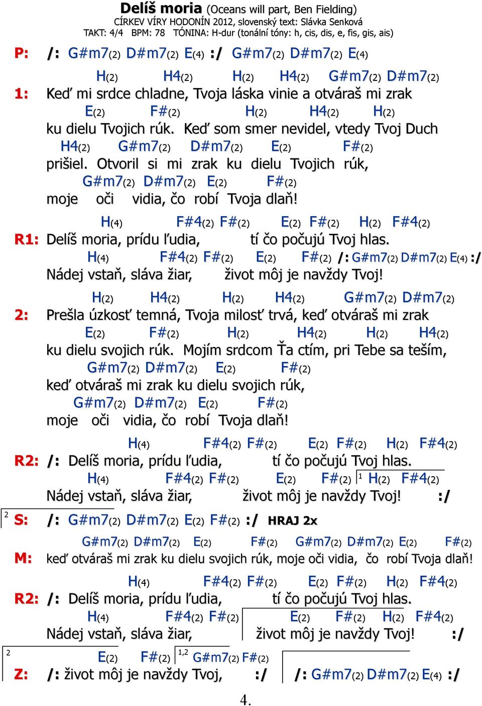 Keď som smer nevidel, vtedy Tvoj Duch H4(2) G#m7(2) D#m7(2) E(2) F#(2) prišiel. Otvoril si mi zrak ku dielu Tvojich rúk, G#m7(2) D#m7(2) E(2) F#(2) moje oči vidia, čo robí Tvoja dlaň!