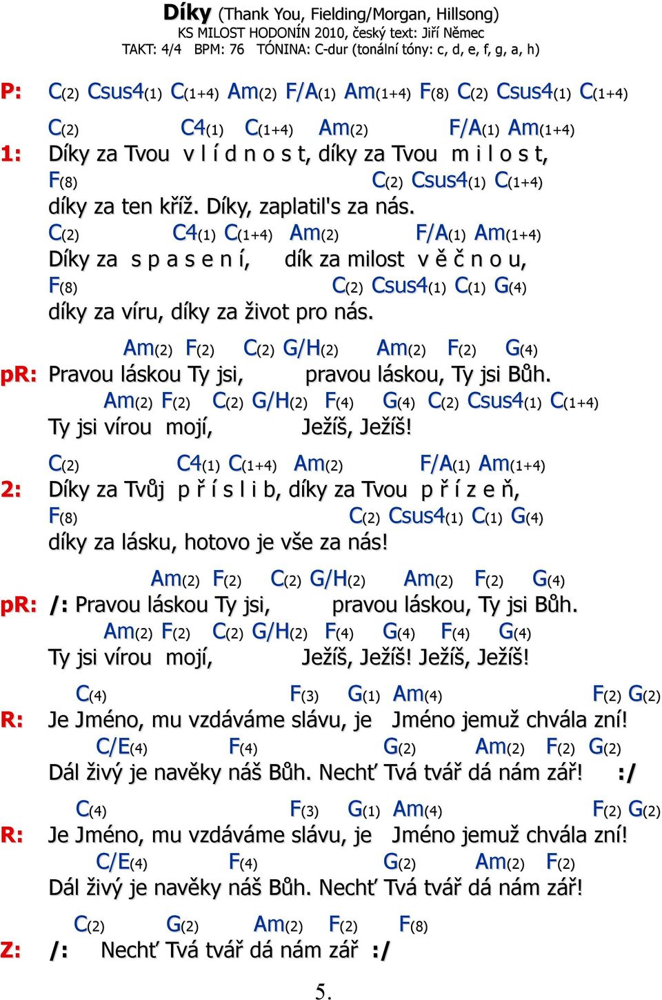 C(2) Csus4(1) C(1+4) C(2) C4(1) C(1+4) Am(2) F/A(1) Am(1+4) Díky za s p a s e n í, dík za milost v ě č n o u, F(8) díky za víru, díky za život pro nás.