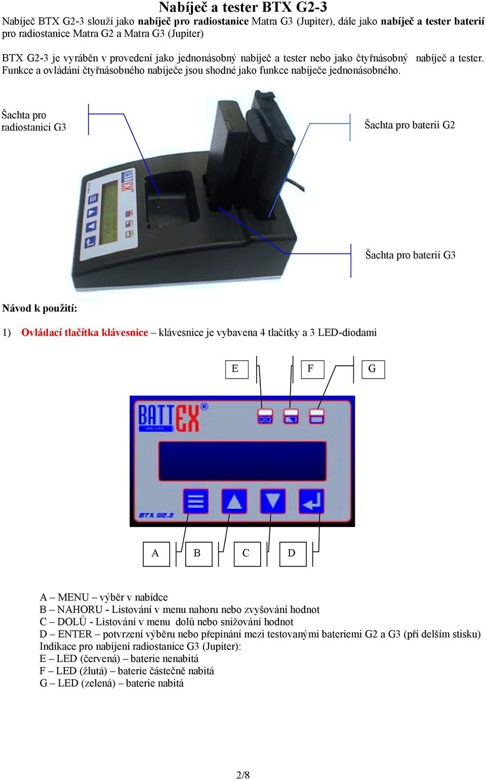 Šachta pro radiostanici G3 Šachta pro baterii G2 Šachta pro baterii G3 Návod k použití: 1) Ovládací tlačítka klávesnice klávesnice je vybavena 4 tlačítky a 3 LED-diodami E F G A B C D A MENU výběr v