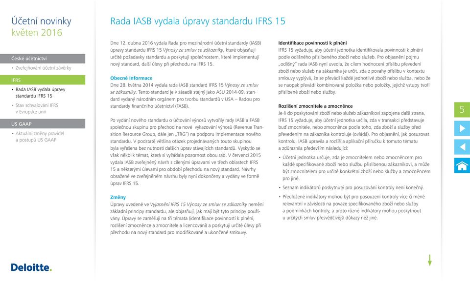 dubna 2016 vydala Rada pro mezinárodní účetní standardy (IASB) úpravy standardu IFRS 15 Výnosy ze smluv se zákazníky, které objasňují určité požadavky standardu a poskytují společnostem, které