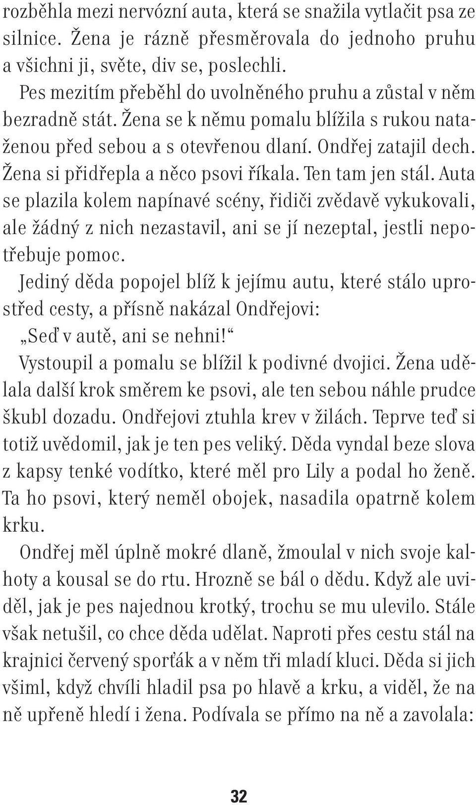 Žena si přidřepla a něco psovi říkala. Ten tam jen stál. Auta se plazila kolem napínavé scény, řidiči zvědavě vykukovali, ale žádný z nich nezastavil, ani se jí nezeptal, jestli nepotřebuje pomoc.