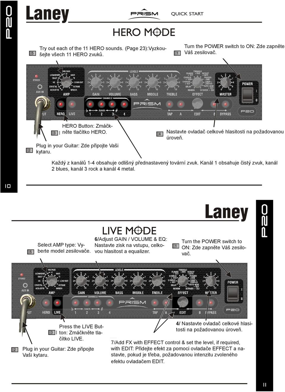 Kanál 1 obsahuje čistý zvuk, kanál 2 blues, kanál 3 rock a kanál 4 metal. Select AMP type: Vyberte model zesilovače.